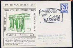 Postmark - Great Britain 1967 cover for Britsh Philatelic Exhibition (2nd Day with Marble Arch in green) with Mail Coach illustrated cancel (cover slightly grubby)