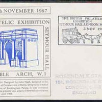 Postmark - Great Britain 1967 cover for Britsh Philatelic Exhibition (3rd Day with Marble Arch in blue) with Mail Coach illustrated cancel (cover slightly grubby)