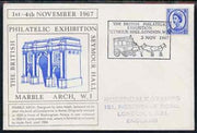 Postmark - Great Britain 1967 cover for Britsh Philatelic Exhibition (3rd Day with Marble Arch in blue) with Mail Coach illustrated cancel (cover slightly grubby)