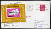 Great Britain 1971 Postal Strike cover to France bearing Stroma imperf Cat m/sheet overprinted 'Emergency Strike Post, International Mail' with Stroma obliterated, various cachets plus French 50c stamp cancelled Le Havre