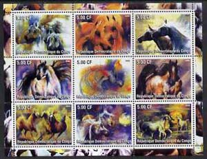 Congo 2002 Paintings of Horses perf sheet containing set of 9 values unmounted mint