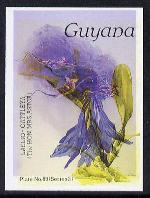 Guyana 1985-89 Orchids Series 2 plate 89 (Sanders' Reichenbachia) unmounted mint imperf single in black & yellow colours only with blue & red from another value (plate 78) printed inverted, most unusual and spectacular*