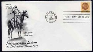 United States 1978 Indian Head Penny 13c stamp on illustrated cover with first day cancel, SG 1708