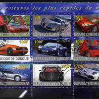 Djibouti 2010 Worlds Fastest Cars perf sheetlet containing 9 values fine cto used