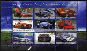 Djibouti 2010 Worlds Fastest Cars perf sheetlet containing 9 values fine cto used