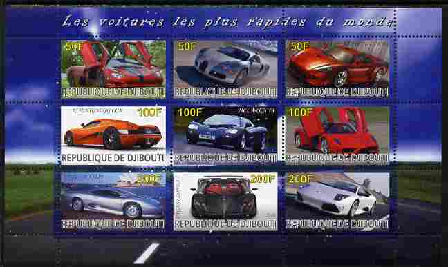 Djibouti 2010 Worlds Fastest Cars perf sheetlet containing 9 values unmounted mint