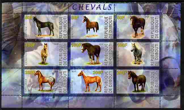 Djibouti 2010 Horses perf sheetlet containing 9 values unmounted mint