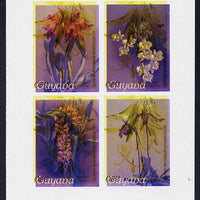 Guyana 1985-89 Orchids Series 2 Plate 46, 55, 57 & 81 (Sanders' Reichenbachia) unmounted mint imperf se-tenant sheetlet of 4 in blue & red colours only with black & yellow from another value (plate 16) printed inverted, most unusual and spectacular