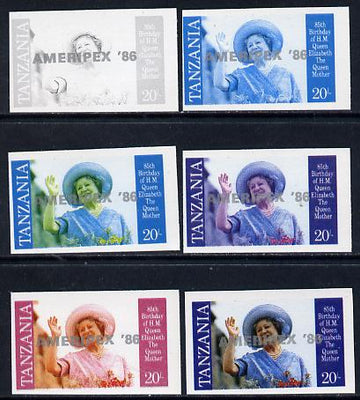 Tanzania 1986 Queen Mother 20s (SG 426 with 'AMERIPEX 86' opt in silver) set of 6 imperf progressive colour proofs unmounted mint