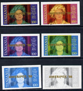 Tanzania 1986 Queen Mother 100s (SG 428 with 'AMERIPEX 86' opt in gold) set of 6 imperf progressive colour proofs unmounted mint