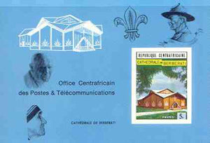 Central African Republic 1971 Roman Catholic Cathedral deluxe proof card in full issued colours (as SG 250) opt'd in black showing Scout logo, Baden Powell, the Pope & Mother Teresa