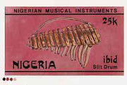 Nigeria 1989 Musical Instruments - original hand-painted artwork for 25k value (Kundung but inscribed Ibid Slit drum in error) by NSP&MCo Staff Artist Hilda T Woods on card 8.5" x 5"