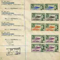 Antigua 1962 Stamp Centenary perf set of 4 in blocks of 4 on 4 reg covers each with August cancels