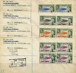 Antigua 1962 Stamp Centenary perf set of 4 in blocks of 4 on 4 reg covers each with August cancels