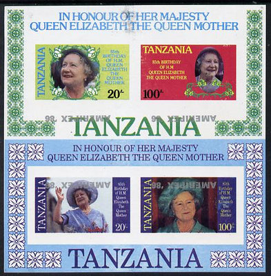 Tanzania 1986 Queen Mother the set of two m/sheets (as SG MS 429) imperf proofs each with AMERIPEX '86 opt in silver inverted (some ink smudging) unmounted mint