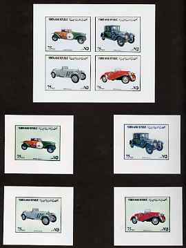 Yemen - Republic 1980 (?) Classic Cars imperf set of 8 plus two s/sheets each on Cromalin paper mounted in special folder by the printers, Ueberreuter, as SG 610-16