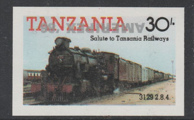 Tanzania 1986 Railways 30s (as SG 433) imperf proof with the unissued 'AMERIPEX '86' opt in silver inverted (some ink smudging) unmounted mint