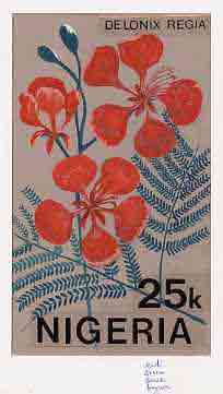 Nigeria 1987 Flowers - original hand-painted artwork for 25k value (De Lonix Regia) by unknown artist on card 5