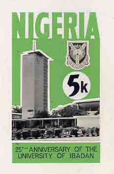 Nigeria 1973 Ibadan University - partly hand-painted original artwork for 5k value (Tower) on card 5