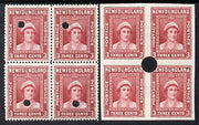 Newfoundland 1941-44 KG6 Queen Mother 3c in perf & imperf matched proof blocks of 4 from archives with checker's mark highlighting a variety for retouching, each stamp with Waterlow security punch hole, some wrinkling but probably UNIQUE (as SG 278)