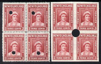 Newfoundland 1941-44 KG6 Queen Mother 3c in perf & imperf matched proof blocks of 4 from archives with checker's mark highlighting a variety for retouching, each stamp with Waterlow security punch hole, some wrinkling but probably UNIQUE (as SG 278)