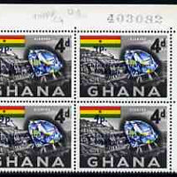 Ghana 1965 New Currency 4p on 4d Diamond & Mine corner block of 4, upper 2 stamps showing 'top of 4 missing' unmounted mint, SG 384var