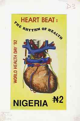 Nigeria 1992 World Health Day (Heart) - original hand-painted artwork for N2 value (The Rhythm of Health) by Mrs A Adeyeye on board 130 x 224 mm endorsed D3