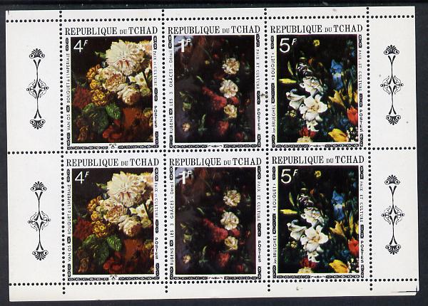 Chad 1971 Paintings of Flowers sheetlet of 6 containing 2 se-tenant strips of 3 (2 sets) unmounted mint