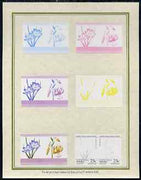 Tuvalu - Nanumaga 1985 Flowers (Leaders of the World) 25c set of 7 imperf progressive proof pairs comprising the 4 individual colours plus 2, 3 and all 4 colour composites mounted on special Format International cards (7 se-tenant proof pairs)