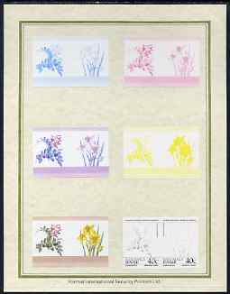 Tuvalu - Nanumaga 1985 Flowers (Leaders of the World) 40c set of 7 imperf progressive proof pairs comprising the 4 individual colours plus 2, 3 and all 4 colour composites mounted on special Format International cards (7 se-tenant proof pairs)