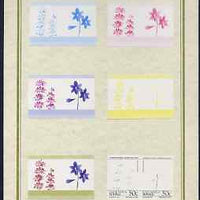Tuvalu - Nanumaga 1985 Flowers (Leaders of the World) 50c set of 7 imperf progressive proof pairs comprising the 4 individual colours plus 2, 3 and all 4 colour composites mounted on special Format International cards (7 se-tenant proof pairs)