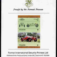 St Lucia 1984 Cars #1 (Leaders of the World) $1 Alfa Romeo (1930) imperf se-tenant proof pair mounted on Format International proof card