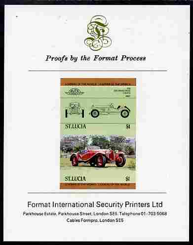 St Lucia 1984 Cars #1 (Leaders of the World) $1 Alfa Romeo (1930) imperf se-tenant proof pair mounted on Format International proof card