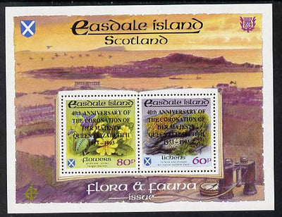 Easdale 1993 40th Anniversary of Coronation overprinted in black on Flora & Fauna perf sheetlet containing 60p (Lichens) & 80p (Spring Flowers) unmounted mint