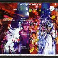 Turkmenistan 1999 20th Century Dreams #06 composite perf sheetlet containing 9 values unmounted mint (Liza Minnelli, John Travolta, Truman Capote, Liz Taylor, Stallone, Elton John, Dali, etc)