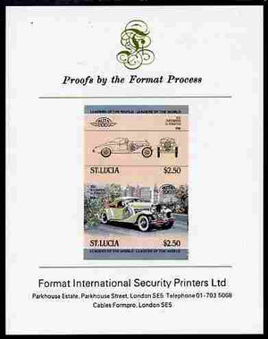 St Lucia 1984 Cars #1 (Leaders of the World) $2.50 Duesenberg 1932 SJ Roadster imperf se-tenant proof pair mounted on Format International proof card