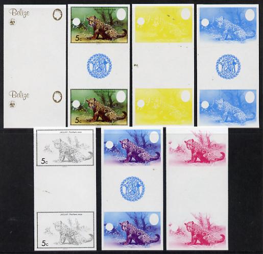 Belize 1983 WWF - Jaguar 5c (Jaguar Cub) x 7 imperf gutter pair progressive proofs comprising the 5 individual colours plus 2 different combination composites, unmounted mint (7 proofs as SG 756)