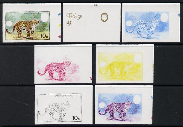 Belize 1983 WWF - Jaguar 10c (Adult Jaguar) x 7 imperf progressive proofs comprising the 5 individual colours plus 2 different combination composites, unmounted mint (7 proofs as SG 757)