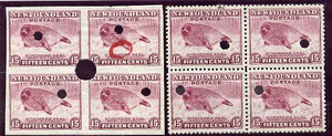 Newfoundland 1941-44 KG6 Seal 15c in perf & imperf matched proof blocks of 4 from archives with checker's mark highlighting a variety for retouching, each stamp with Waterlow security punch hole, some wrinkling but rare (as SG 285)