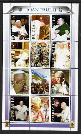 Buriatia Republic 2003 Pope John Paul II perf sheetlet #01 containing complete set of 12 values (inscribed Pope Joan Paul II) unmounted mint