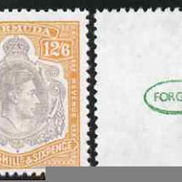 Bermuda 1938-53 KG6 12s6d,'Maryland' perf 'unused' forgery, as SG 120 - the word Forgery is either handstamped or printed on the back and comes on a presentation card with descriptive notes