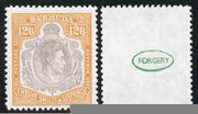 Bermuda 1938-53 KG6 12s6d,'Maryland' perf 'unused' forgery, as SG 120 - the word Forgery is either handstamped or printed on the back and comes on a presentation card with descriptive notes