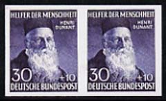 Germany - West 1952 Humanitarian relief Fund 30pf Henri Dunant,'Maryland' imperf pair 'unused' forgery, as SG 1085 - the word Forgery is either handstamped or printed on the back and comes on a presentation card with descriptive notes