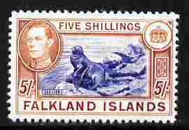 Falkland Islands 1938-50 KG6 Sealion 5s,'Maryland' perf forgery 'unused', as SG 161 - the word Forgery is either handstamped or printed on the back and comes on a presentation card with descriptive notes