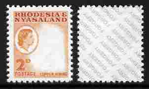 Rhodesia & Nyasaland 1959-62 Copper Mining 2d with centre omitted,,'Maryland' perf forgery 'unused', as SG 20var - the word Forgery is either handstamped or printed on the back and comes on a presentation card with descriptive notes