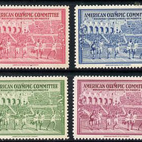 United States 1940 Olympic Fund perf labels in red, green, blue and purple produced by ABNCo unmounted mint