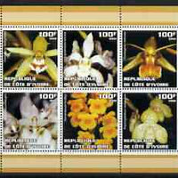 Ivory Coast 2002 Orchids #1 (violet border) perf sheetlet containing 6 values unmounted mint