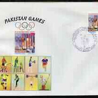 Pakistan 2004 commem cover for Pakistan Games with special illustrated cancellation for Second Cricket test - Pakistan v India (cover shows Football, Tennis, Running, Skate-boarding, Skiing, weights & Golf)