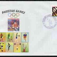 Pakistan 2004 commem cover for Pakistan Games with special illustrated cancellation for Fourth Cricket test - Pakistan v India (cover shows Football, Tennis, Running, Skate-boarding, Skiing, weights & Golf)