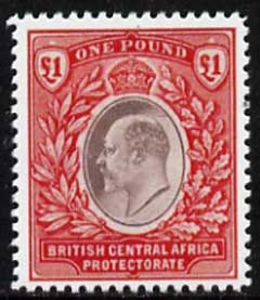 Nyasaland 1903 King Edward £1 (BCA),,'Maryland' perf forgery 'unused', as SG 66 - the word Forgery is either handstamped or printed on the back and comes on a presentation card with descriptive notes